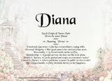 Name meaning, Diana name, Cottage background with love bird, meanings of name, baby name, Personalize Gifts, Personalized Gifts,  personalized-unique-gifts